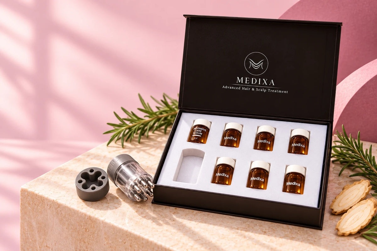 Open Medixa Densifying Scalp Serum kit with 7 ampoules and the precision applicator beside the box