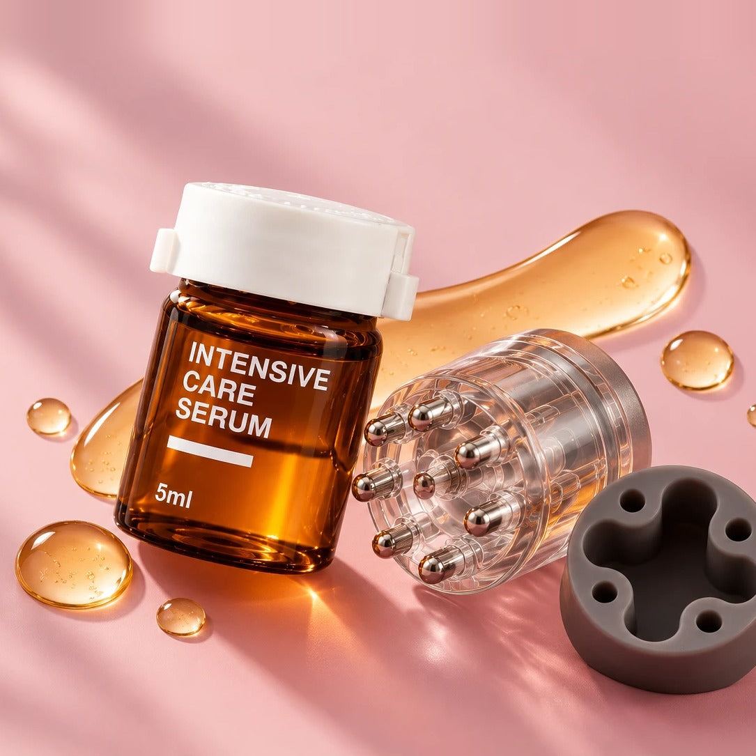 Medixa Intensive Care Serum 5 ml ampoule with the precision applicator, its cap and a serum swatch