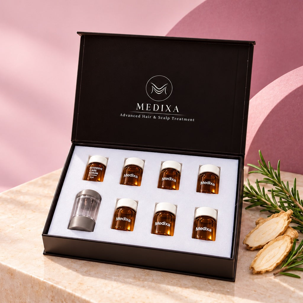 Open Medixa Densifying Scalp Serum kit with 7 ampoules of 5 ml and a precision applicator