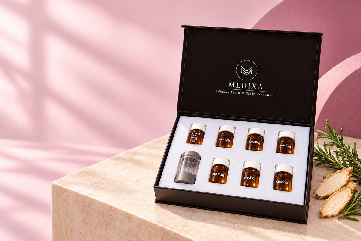 Open Medixa Densifying Scalp Serum kit with 7 ampoules and a precision applicator, beside rosemary and ginseng