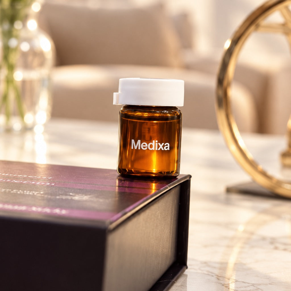 Medixa scalp serum ampoule on its box in a sunlit room
